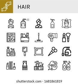 hair simple icons set. Contains such icons as Focus, Woman, Sprays, Lotion, Spa, Beauty, Sauna, Brush, Hair dryer, Makeup, Moisturizer, Hand mirror, can be used for web, mobile and logo