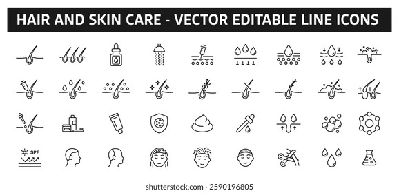 Hair and Skin Care, Shampoo - vector line editable icons. Hair and skin health product icons.