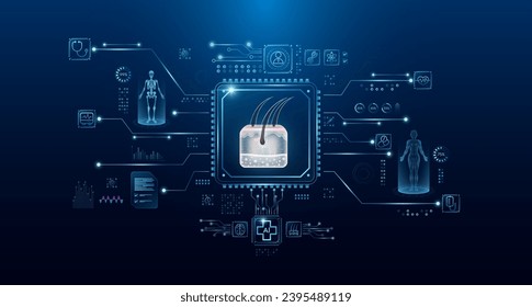 Hair skin cell human in microchip processor circuit board. HUD interface and a hologram. Modern treatment future medicine. Innovative health care analysis of AI technology digital hi tech. Vector.
