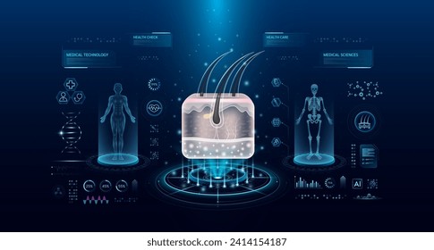 Tecnología de cuidado de la piel del pelo con el estilo del holograma de la interfaz virtual de exploración. Examen del cuerpo humano de rayos X. Diagnóstico médico con HUD. Análisis en laboratorio futurista. EPS10 vectores.