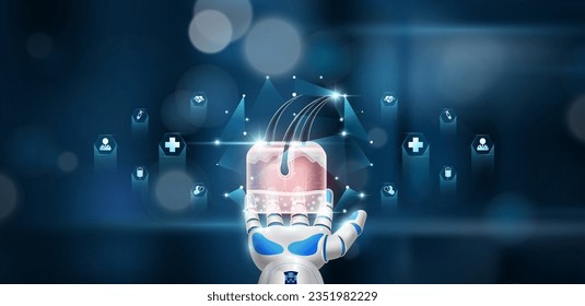 Hair and skin inside cube float in doctor robot hand. Health care system innovative technology medical futuristic AI artificial intelligence cybernetic robotics. Bokeh light background. Vector.