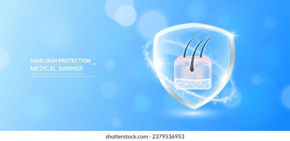 Hair skin inside glass shield glowing with medical icon sign symbol on blue bokeh lights background. Medical health care innovation immunity protection. Human anatomy organ translucent. Banner vector.