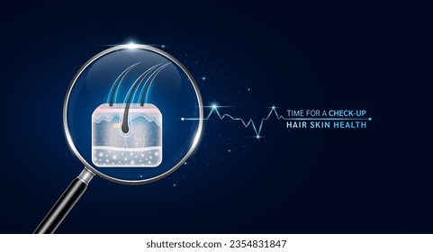 Hair skin inside magnifying glass with scan search. Health care medical check up too innovative futuristic digital technology. Body health checkup examining organ and blue neon heart pulse. Vector.