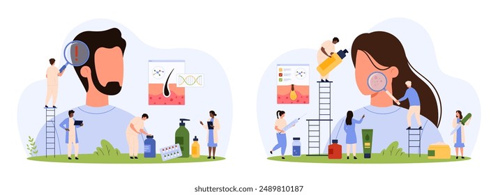 Hair and skin problem set. Tiny people with magnifying glass diagnose acne and alopecia in woman and man models, study infographic dermatology scheme for treatment cartoon vector illustration