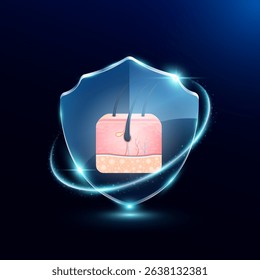 Hair skin in translucent glass shield modern. Surrounded by glowing ring safety guardian. Human anatomy organ on blue background. Medical health care immunity and protection concept. Vector EPS10.