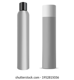 Hair spray bottle. Chrome deodorant can, hair aerosol cylinder mockup. Aluminium hairspray container blank, realistic toilet refresher design, round sprayer packPaint tin packaging with sprayer cap