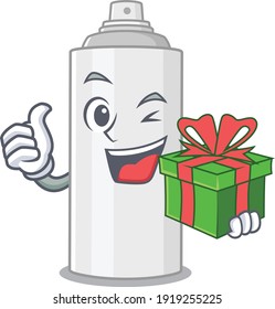 Hair spray cartoon character concept with a big gift box. Vector illustration