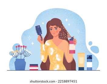 Hair spray concept. Woman in beauty salon with cosmetics and comb in her hands. Young girl does haircut. Beauty, aesthetics and elegance. Routine and household chores. Cartoon flat vector illustration