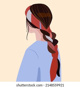 The hair is stacked in the tail tied with a handkerchief. Hairstyles with a scarf. Vector illustration of a brunette woman with a beautiful hairstyle. Braid braided in ribbon in different colors red