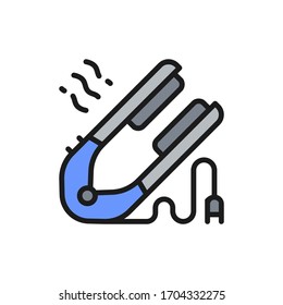 Hair straightener, barber tool flat color line icon.