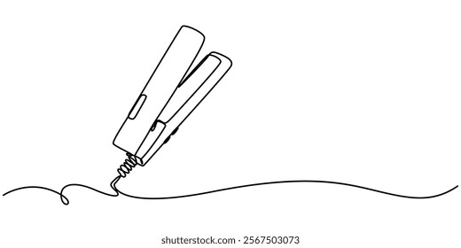 Hair Straightener Continuous Line Icon, Double barrel curling iron continuous line drawing. One line art of home appliance, curly hair, styling, hairdressing supplies, hair straightener single line. 