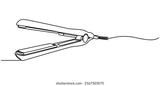 Hair Straightener Continuous Line Icon, Double barrel curling iron continuous line drawing. One line art of home appliance, curly hair, styling, hairdressing supplies, hair straightener single line. 