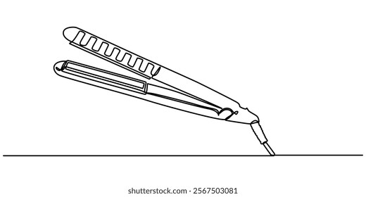 Hair Straightener Continuous Line Icon, Double barrel curling iron continuous line drawing. One line art of home appliance, curly hair, styling, hairdressing supplies, hair straightener single line. 