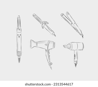 Hair straightener, curling iron, hairdryer collection for creating model drawing on light background