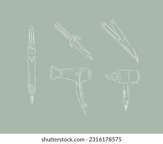 Hair straightener, curling iron, hairdryer collection for creating model drawing on green background