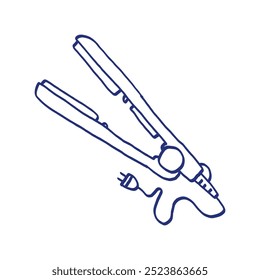 Haarglätter. Friseurausrüstung. Handgezeichnete Skizze. Blaue Stift- oder Markierungszeichnung. Ein primitives Kinderbild. Professionelle Haarschneidemaschine. Vektorgrafik. Barbersymbol