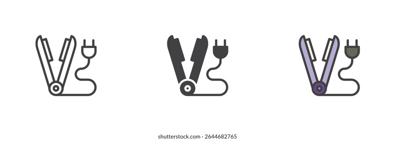 Hair straightener icon with clamp tool design in line, solid and filled outline colorful versions. Vector hair styling icon and barber grooming symbol for straight hair.