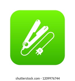 Hair straightener icon green vector isolated on white background