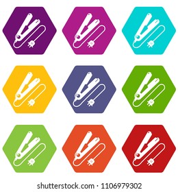 Hair straightener icons 9 set coloful isolated on white for web