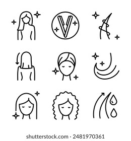 Hair straightener icons set for hair care treatment and beauty or woman salon, outline vector. Hair straightener appliance for female haircut straightening and haircare cosmetic treatment symbols