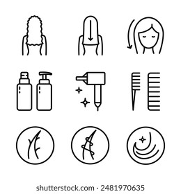 Hair straightener icons set for hair care treatment and beauty or woman salon, outline vector. Hair straightener appliance for female haircut straightening and haircare cosmetic treatment symbols