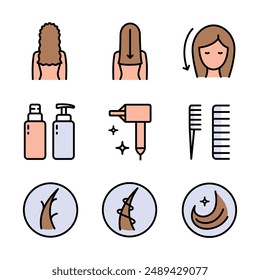 Hair straightener icons set for hair care treatment and beauty or woman salon, flat vector. Hair straightener appliance for female haircut straightening and haircare cosmetic treatment symbols