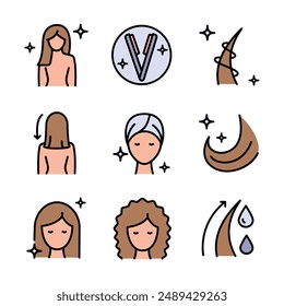 Hair straightener icons set for hair care treatment and beauty or woman salon, color vector. Hair straightener appliance for female haircut straightening and haircare cosmetic treatment symbols