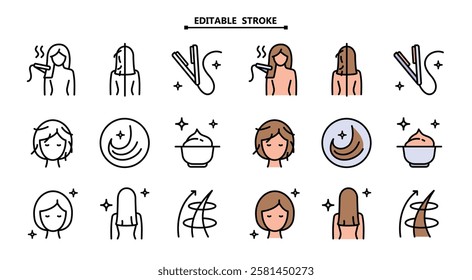 Hair straightener icons set for hair care treatment and beauty or woman salon, color vector. Editable stroke. Hair straightener appliance for female haircut straightening and haircare cosmetic treatme