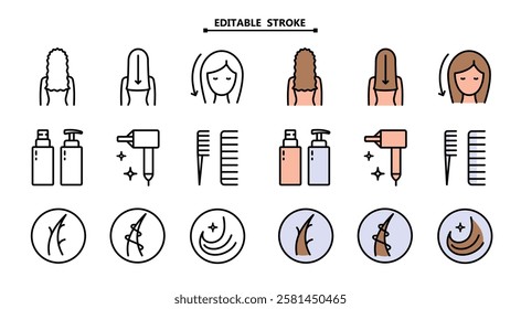 Hair straightener icons set for hair care treatment and beauty or woman salon, flat vector. Editable stroke. Hair straightener appliance for female haircut straightening and haircare cosmetic treatmen