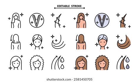 Hair straightener icons set for hair care treatment and beauty or woman salon, color vector. Editable stroke. Hair straightener appliance for female haircut straightening and haircare cosmetic treatme