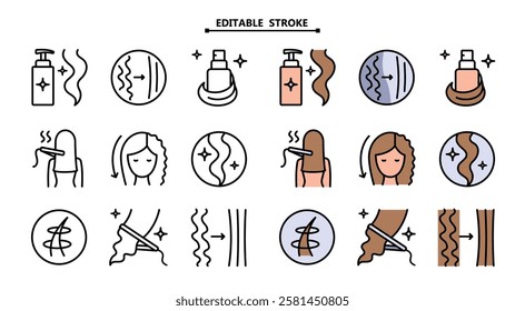 Hair straightener icons set for hair care treatment and beauty or woman salon, color vector. Editable stroke. Hair straightener appliance for female haircut straightening and haircare cosmetic treatme