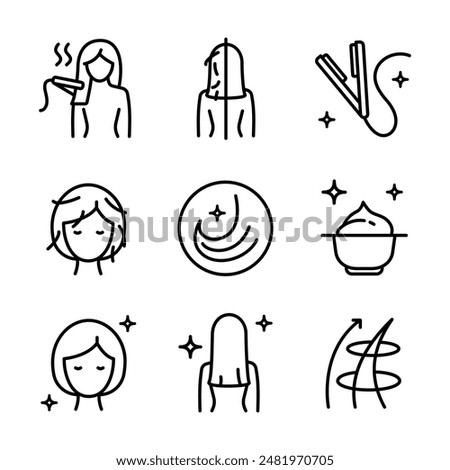 Hair straightener icons set for hair care treatment and beauty or woman salon, outline vector. Hair straightener appliance for female haircut straightening and haircare cosmetic treatment symbols