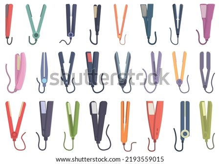 Hair straightener icons set cartoon vector. Salon iron. Hair styler