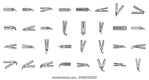 Los iconos de alisador del pelo establecen el vector de contorno. Peluquería de hierro de salón. Cerámica de barbería de cuidado