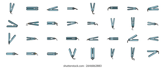 Hair straightener icons set showcasing various positions, perfect for representing hair styling, beauty salons, and cosmetic treatments