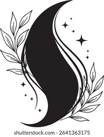 Hair Strand Silhouette Black and White Line Art with Leaves and Stars