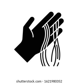 Hair strands on hand black glyph icon. Alopecia and hairloss. Dermatology and beauty issue. Hair problem. Stress and anxiety symptom. Silhouette symbol on white space. Vector isolated illustration