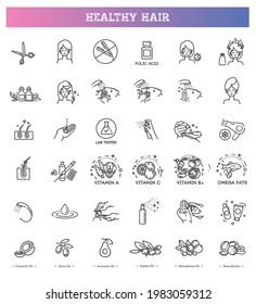 Hair strengthening and growth. Flat Line Vector Illustration and Icons set.