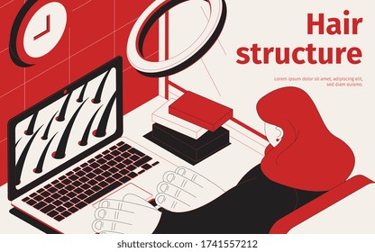 Hair structure isometric background with view of workplace with woman discovering microscopic hair structure on laptop vector illustration