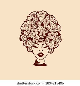 Hair studio and beauty salon illustration.Beautiful African american woman with elegant makeup, wearing a flowers wig.Afro hairstyle young woman icon.Decorative natural elements.