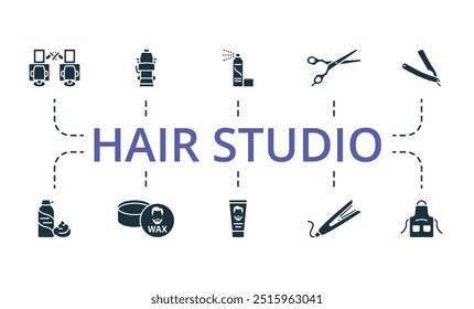 Hair Studio icon set. Monochrome simple Hair Studio icon collection. Barber Shop, Barber Chair, Spray, Scissors, Razor, Shaving Foam, Wax, Hair Gel, Hair Iron, Apron icons.