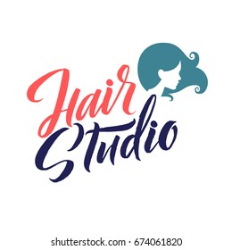 Hair Studio. Logo Beauty Vector Lettering. Custom Handmade Calligraphy. Vector Illustration. 