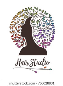 Hair Studio Logo Or Sign, Woman With Branches As Hair, Eps10 Vector