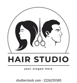 Logo de Hair studio. Silhouette del perfil de la cabeza de un hombre y una mujer con tijeras