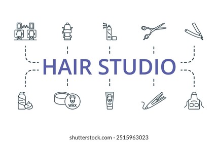 Hair Studio thin line icon set. Monochrome simple Hair Studio icon collection. Barber Shop, Barber Chair Spray, Scissors, Razor, Shaving Foam, Wax, Hair Gel, Hair Iron, Apron icons.