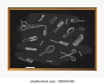 Hair stuff on blackboard background. Vector illustration. Hand drawn