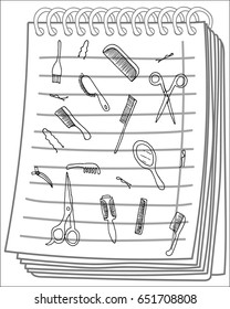 Hair stuff on notebook background. Vector illustration. Hand drawn
