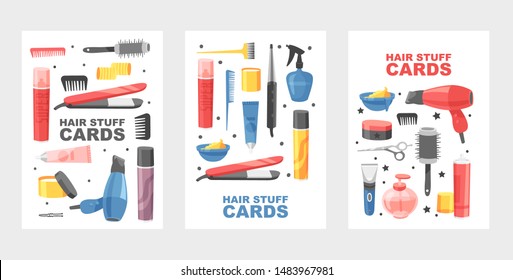 Hair Stuff Set Of Cards, Posters Vector Illustrations. Supplies For Doing Haircut Or Hairstyle. Dryer, Fan, Scissors, Super Spray And Combs. Equipment For Stylist. Dye Tools.