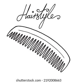 Hair Style Accessories Outline Hand Drawn Illustration. Hair Comb With Letters Pen Drawing Logo Decoration. Simple Vector Graphic Barbershop And Fashion Equipment Flat Silhouette Artwork.