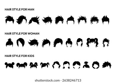 Hair style collection for man woman kids silhouette fashion modern haircut grooming beauty design icon vector illustration set bundle.
